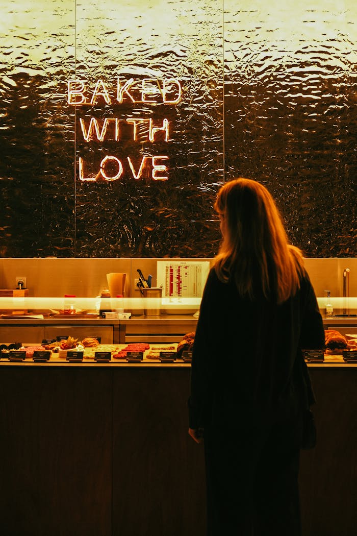 A woman standing in front of a sign that says baked with love